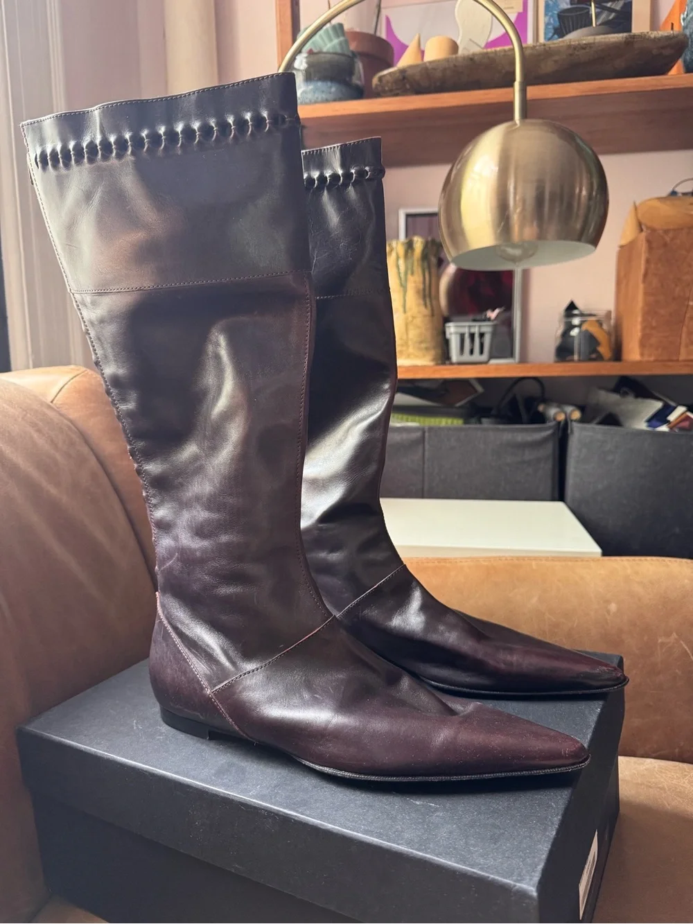 Alberta Ferretti Tall Leather knee high Boots deep purple maroon pointed toe